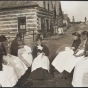 Photograph of lace makers working outdoors at the Leech Lake Reservation