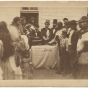 Black and white photograph of annuities being paid at the Fond Du Lac reservation, c.1865.