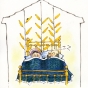 Drawing of a farmer and his wife in bed with ears of corn suspended above them for drying in a warm bedroom.