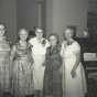 Black and white photograph of BPWC’s original charter members at the club’s fortieth anniversary celebration, 1961. Pictured (left to right) are Anna Brustad, Pauline Lohn, Mae Rideout, Ida Twedten, Sue Monroe, and Dr. Blanche Sharp.