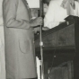 Black and white photograph of Mrs. Ardis Hiller (left) and Mrs. Ross (right) at a BPWC fashion show, 1961.