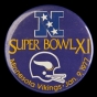 Color image of a plastic pin-back button commemorating the participation of the Minnesota Vikings in Super Bowl XI, played against the Oakland Raiders in Pasadena, California, 1977. The Raiders defeated the Vikings 32–14.