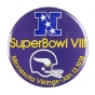 Color image of a circular pin-back button supporting the Minnesota Vikings professional football team in Super Bowl VIII, 1974.