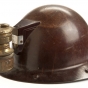 Color image of a rimmed miner's helmet worn by Adam Shapic circa 1910-1930s