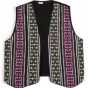 Color image of a reversible cotton vest with front panels of geometric cross-stitching made by a Minnesotan Hmong woman and sold by the Southeast Asian Ministry. Worn by Bea Vue-Benson, c.1999.