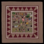 Color image of a Hmong story cloth (paj ndau) showing a traditional Laotian village scene. Made in Ban Vinai, Thailand, c.1989.