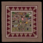 Color image of a Hmong story cloth (paj ndau) showing a traditional Laotian village scene. Made in Ban Vinai, Thailand, c.1989.