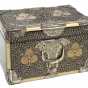 Doll trunk with bottom drawer, gold-painted design, and silver hardware
