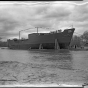 Black and white photograph of the launching of the Agawam at Savage, 1943. Photograph by Minneapolis Star Journal.