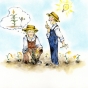 Drawing of two individuals contemplating how to grow corn in Minnesota’s cold climate.