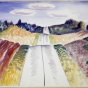 Color image of The New Highway #61, c.1939. Watercolor on paper by Clement Haupers.