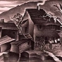 Black and white lithograph print on paper of Swede Hollow, c.1936.