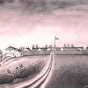 Fort Ripley view from the north, 1864. Pen and wash drawing by Corporal August Harfeldt, Third Battery, Minnesota Light Artillery.