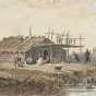 Color image of a Dakota summer lodge, ca. 1846–1848. Watercolor painting by Seth Eastman.