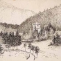 "Kloestevl und Jagdschloss in Hinterviss, Tyrol," 1874. Pen and Ink on paper by Robert Koehler. 