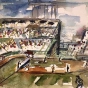 View of Metropolitan Stadium in Bloomington. A baseball game is being played on the field. Artist: Hazel Thorson Stoeckeler, 1964.