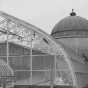 Black and white photograph of restoration work on the Conservatory, 1990.