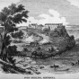 Black and white lithograph of Fort Snelling, showing additional buildings on the landing, 1830. Artist unknown.