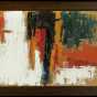 Color image of Untitled, An abstract oil raw canvasboard by George Morrison, 1959. Primarily orange, white, red, black and green in color. 
