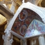 Color image of the baldachin inside the Hopperstad Stave Church replica, April 2, 2017. 