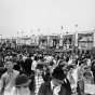 Black and white photograph of crowds at the Midway, Minnesota State Fair, 1963, 