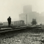 Black and white photograph of the Washington Avenue viaduct, Milwaukee Road depot, Minneapolis. Photograph by Joe E. B. Elliott, ca. 1970.