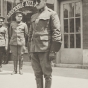 Black and white photograph of Motor Corps officer, Chet Walker, nicknamed "the Army," during a recruiting tour in Red Wing, Minnesota, 1918. 