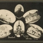 Photograph collage of early pictures of Danebod. Includes church, folk school, stone hall, gym and first pastor H.J. Pedersen.