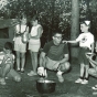 Black and white photograph of campers cooking outdoors at Dick Butwin Day Camp, 1967.