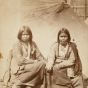 Black and white photograph of two Dakota women at the Fort Snelling concentration camp, c.1862–1863. Photograph by Joel Emmons Whitney.