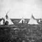 Black and white photograph of a temporary camp at Pipestone Quarry, ca. 1890s. Photograph by F.O. Pease.