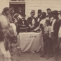Black and white photograph of annuities being paid at the Fond Du Lac reservation, c.1865.