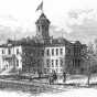 Illustration of the first State Capitol, Tenth and Wabasha, St. Paul, 1875, showing the 1873 addition. From, Harper's Monthly, October 1875, p. 629. 