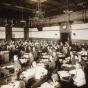 Black and white photograph of the senate Chamber, second state capitol, St. Paul, ca. 1900. Photographed by Charles P. Gibson.