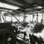 Black and white photograph of Quadriga during application of gold leaf, 1979. Photographed by Elizabeth M. Hall.