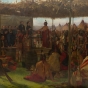 Color image of a painting of the Treaty of Traverse des Sioux, c.1905. Oil painting by Francis Davis Millet.