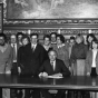 Black and white photograph of Governor Al Quie, legislators (including Allan Spear, third from left), and constituents with disabilities, ca. 1980.