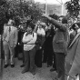 Black and white photograph of legislators (including Allan Spear, far right) tour the Minnesota Zoological Garden, 1980.