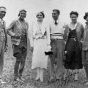 Black and white photograph of Klingensmith, second from left, at the National Air Races, at which she won the Amelia Earhart Trophy, 1932.