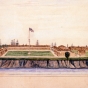 Watercolor of 1868 Fort Ripley by Col. Edward G. Bush (1838–1892). Painted by Bush in 1880 upon revisiting the fort that he commanded September 1868 to May 1869 while a thirty-year-old captain.  The painting depicts the fort as he remembered it in 1868.  