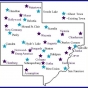 a map graphic indicating the locations of ghost towns, as well as existing towns, within the boundaries of Carver County