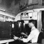 Black and white photograph of the Twin City Television Lab’s mobile unit, c.1948.