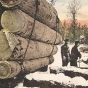 Colorized image of a sleigh load of big White Pine logs about to be tripped, Virginia and Rainy Lake County, Virginia, ca. 1920. 