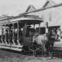 Black and white photograph of a horsecar in Minneapolis on Plymouth and Bloomington Avenue line, c.1888.