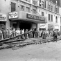 Black and white photograph of trolley track removal, Fourth and Wabasha, St. Paul, April 12, 1955.