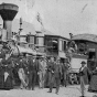 Black and white photograph of the St. Paul and Pacific Railroad officials and guests at Breckenridge, 1873.  