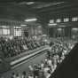Black and white photograph of speaker’s stand and crowd at the 100th anniversary celebration of the Great Northern Railway at St. Paul’s Union Depot, 1962. 