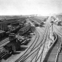 Black and white photograph of the large classification yard and part of the shops complex at Proctor, 1900. 