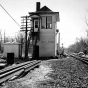 Black and white photograph of the St. Croix tower on Milwaukee Road north of Hastings. Photograph by Richard G. Smedley, 1983.