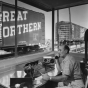 Black and white photograph on the interior of hump office at Great Northern Railway’s Gavin Yard in Minot, North Dakota,  ca. 1958. Photograph by Hedrich-Blessing.